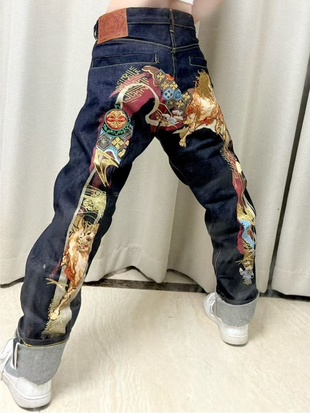 Evisu Dark Blue Straight Jeans with Embroidered Kirin and Ornamental Panels
